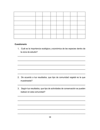38
Cuestionario
1. Cuál es la importancia ecológica y económica de las especies dentro de
la zona de estudio?
______________________________________________________________
______________________________________________________________
______________________________________________________________
______________________________________________________________
______________________________________________________________
2. De acuerdo a tus resultados, que tipo de comunidad vegetal es la que
muestreaste?
______________________________________________________________
3. Según tus resultados, que tipo de actividades de conservación se pueden
realizar en esta comunidad?
______________________________________________________________
______________________________________________________________
______________________________________________________________
______________________________________________________________
______________________________________________________________
 