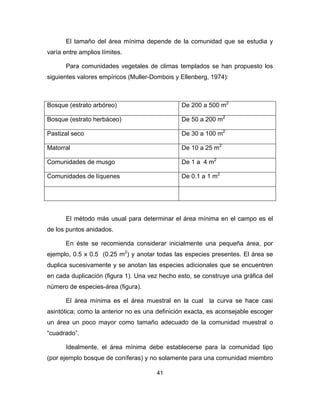 41
El tamaño del área mínima depende de la comunidad que se estudia y
varía entre amplios límites.
Para comunidades vegetales de climas templados se han propuesto los
siguientes valores empíricos (Muller-Dombois y Ellenberg, 1974):
Bosque (estrato arbóreo) De 200 a 500 m2
Bosque (estrato herbáceo) De 50 a 200 m2
Pastizal seco De 30 a 100 m2
Matorral De 10 a 25 m2
Comunidades de musgo De 1 a 4 m2
Comunidades de líquenes De 0.1 a 1 m2
El método más usual para determinar el área mínima en el campo es el
de los puntos anidados.
En éste se recomienda considerar inicialmente una pequeña área, por
ejemplo, 0.5 x 0.5 (0.25 m2
) y anotar todas las especies presentes. El área se
duplica sucesivamente y se anotan las especies adicionales que se encuentren
en cada duplicación (figura 1). Una vez hecho esto, se construye una gráfica del
número de especies-área (figura).
El área mínima es el área muestral en la cual la curva se hace casi
asintótica; como la anterior no es una definición exacta, es aconsejable escoger
un área un poco mayor como tamaño adecuado de la comunidad muestral o
“cuadrado”.
Idealmente, el área mínima debe establecerse para la comunidad tipo
(por ejemplo bosque de coníferas) y no solamente para una comunidad miembro
 