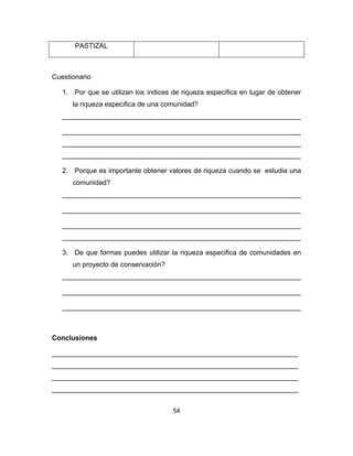 54
PASTIZAL
Cuestionario
1. Por que se utilizan los índices de riqueza especifica en lugar de obtener
la riqueza especifica de una comunidad?
______________________________________________________________
______________________________________________________________
______________________________________________________________
______________________________________________________________
2. Porque es importante obtener valores de riqueza cuando se estudia una
comunidad?
______________________________________________________________
______________________________________________________________
______________________________________________________________
______________________________________________________________
3. De que formas puedes utilizar la riqueza especifica de comunidades en
un proyecto de conservación?
______________________________________________________________
______________________________________________________________
______________________________________________________________
Conclusiones
________________________________________________________________
________________________________________________________________
________________________________________________________________
________________________________________________________________
 