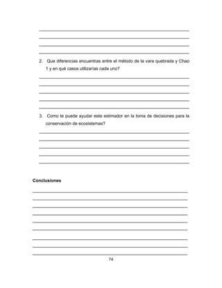 74
______________________________________________________________
______________________________________________________________
______________________________________________________________
______________________________________________________________
2. Que diferencias encuentras entre el método de la vara quebrada y Chao
1 y en qué casos utilizarías cada uno?
______________________________________________________________
______________________________________________________________
______________________________________________________________
______________________________________________________________
______________________________________________________________
3. Como te puede ayudar este estimador en la toma de decisiones para la
conservación de ecosistemas?
______________________________________________________________
______________________________________________________________
______________________________________________________________
______________________________________________________________
______________________________________________________________
Conclusiones
________________________________________________________________
________________________________________________________________
________________________________________________________________
________________________________________________________________
________________________________________________________________
________________________________________________________________
________________________________________________________________
________________________________________________________________
________________________________________________________________
 