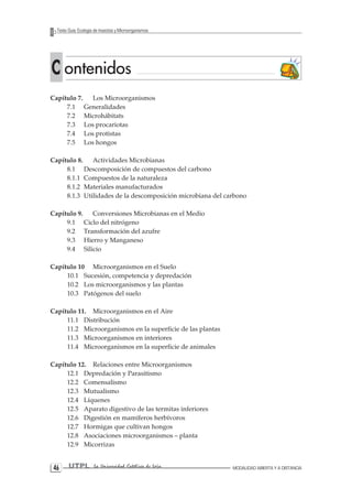 4 UTPL La Universidad Católica de Loja MODALIDAD ABIERTA Y A DISTANCIA 6 
Texto Guía: Ecología de Insectos y Microorganismos 
C ontenidos 
Capítulo 7. Los Microorganismos 
7.1 Generalidades 
7.2 Microhábitats 
7.3 Los procariotas 
7.4 Los protistas 
7.5 Los hongos 
Capítulo 8. Actividades Microbianas 
8.1 Descomposición de compuestos del carbono 
8.1.1 Compuestos de la naturaleza 
8.1.2 Materiales manufacturados 
8.1.3 Utilidades de la descomposición microbiana del carbono 
Capítulo 9. Conversiones Microbianas en el Medio 
9.1 Ciclo del nitrógeno 
9.2 Transformación del azufre 
9.3 Hierro y Manganeso 
9.4 Silicio 
Capítulo 10 Microorganismos en el Suelo 
10.1 Sucesión, competencia y depredación 
10.2 Los microorganismos y las plantas 
10.3 Patógenos del suelo 
Capítulo 11. Microorganismos en el Aire 
11.1 Distribución 
11.2 Microorganismos en la superficie de las plantas 
11.3 Microorganismos en interiores 
11.4 Microorganismos en la superficie de animales 
Capítulo 12. Relaciones entre Microorganismos 
12.1 Depredación y Parasitismo 
12.2 Comensalismo 
12.3 Mutualismo 
12.4 Líquenes 
12.5 Aparato digestivo de las termitas inferiores 
12.6 Digestión en mamíferos herbívoros 
12.7 Hormigas que cultivan hongos 
12.8 Asociaciones microorganismos – planta 
12.9 Micorrizas  