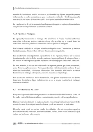 UTPL La Universidad Católica de Loja MODALIDAD ABIERTA Y A DISTANCIA 62 
Texto Guía: Ecología de Insectos y Microorganismos 
especies de Pseudomonas, Bacillus, Micrococcus, y Achromobactery algunos hongos). El proceso se lleva acabo en suelos inundados, en agua o sedimentos profundos y donde quiera que la descomposición rápida de materia orgánica de origen a microhábítats anaeróbícos. 
La vía alternativa de nitrito a amonio la utilizan especialmente organismos fermentadores que pueden ser importantes en sedimentos acuáticos. 
9.1.3. Fijación de Nitrógeno. 
La capacidad para realizarla se restringe a los procariotas; el proceso requiere condiciones anaerobias, o al menos tensiones bajas de oxígeno y los aerobios por lo general tienen las estructuras necesarias para aislar del medio el sitio de fijación del nitrógeno. 
Las bacterias fotosíntéticas incluyen anaerobios obligados como Chromatíum y aerobios facultativos como Rhodospirillum rubrum y Rhodopseudomonas palustris. 
Las cianobacterias son importantes, especialmente en las regiones polares y en los suelos inundados en los trópicos. En los arrozales pueden ser la principal fuente de nitrógeno fijado, y los cultivos de arroz repetidos pueden crecer bien sin que se apliquen fertilizantes artificiales. 
En estas bacterias, la fijación está relacionada con aquellos géneros que tienen heterocistos, como Anabaena, Aphanizomenon y Nostoc, peor también existe información confiable de que Gloeocapsa (unicelular) y Pfectonema (filamentosa) fijan nitrógeno aún cuando no tienen heterocistos; sin embargo, sólo operan a presiones parciales de oxígeno bajas. 
Las asociaciones simbióticas de los heterótrofos y las plantas superiores son una fuente importante de nitrógeno fijado biológicamente, y por lo general exceden la de cualquier sistema de vida libre. 
9.2. Transformación del azufre. 
Las plantas superiores dependen en gran medida de la mineralización microbiana del azufre. En los suelos o microhábitats anaeróbicos, a menudo están presentes sulfuros y polisulfuros. 
El azufre rara vez es limitante en medios naturales, pero en la agricultura intensiva sobretodo con niveles altos de nitrógeno como fertilizante, puede ser necesaria su aplicación. 
El azufre puede existir en muchos estados de oxidación, y los microorganismos pueden realizar conversiones entre ellos. El azufre elemental, sulfuro, azufre en los aminoácidos y el sulfato son las formas más comunes.  