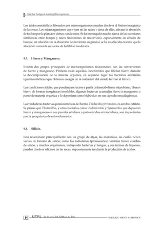 UTPL La Universidad Católica de Loja MODALIDAD ABIERTA Y A DISTANCIA 64 
Texto Guía: Ecología de Insectos y Microorganismos 
Los ácidos metabólicos liberados por microorganismos pueden disolver el fósforo inorgánico de las rocas. Los microorganismos que viven en las raíces o cerca de ellas, afectan la absorción de fósforo por la planta en ciertas condiciones. Se ha investigado mucho acerca de las sucesiones simbióticas entre hongos y raíces (infecciones de micorrizas), especialmente en árboles de bosque, en relación con la absorción de nutrientes en general, se ha establecido en estos que la absorción aumenta en suelos de fertilidad moderada. 
9.3. Hierro y Manganeso. 
Existen dos grupos principales de microorganismos relacionados con las conversiones de hierro y manganeso. Primero están aquellos, heterótrofos que liberan hierro durante la descomposición de la materia orgánica, en segundo lugar tas bacterias autótrofas (quimiosintéticas) que obtienen energía de la oxidación del estado ferroso al férrico. 
Las condiciones ácidas, que pueden producirse a partir del metabolismo microbiano, liberan hierro de formas inorgánicas insolubles, algunas bacterias acumulan hierro o manganeso a partir de materia orgánica y lo depositan como hidróxido en sus cápsulas mucilaginosas. 
Las verdaderas bacterias quimiosintéticas del hierro, Thiobacillus ferroxidans, es aerobio estricto. Se piensa que Thiobacillus, y otras bacterias como: Pedomicrobio y Sphaerotilus que depositan hierro y manganeso en sus paredes celulares o polisacáridos extracelulares, son importantes por la geoquímica de estos elementos. 
9.4. Silicio. 
Está relacionado principalmente con un grupo de algas, las diatomeas, las cuales tienen valvas de bióxido de silicio; como los radiolarios (protozoarios) también tienen conchas de silicio, y muchos organismos, incluyendo bacterias y hongos, y sus formas de líquenes, pueden disolver silicatos de las rocas, supuestamente mediante la producción de ácidos.  