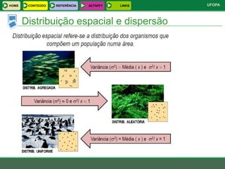 HOME    CONTEÚDO   REFERÊNCIA   ACTIVITY   LINKS   UFOPA



       Distribuição espacial e dispersão
 