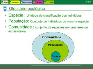 HOME     CONTEÚDO   REFERÊNCIA   ACTIVITY    LINKS       UFOPA



       Glossário ecológico
 • Espécie : Unidade de classificação dos indivíduos
 • População: Conjunto de indivíduos de mesma espécie
 • Comunidade : conjunto de espécies em uma área ou
       ecossistema
                                        Comunidade

                                            Populações



                                               Espécie
 