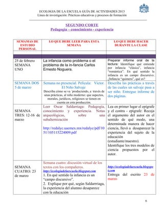 ECOLOGIA DE LA ESCUELA GUÍA DE ACTIVIDADES 2013
                Línea de investigación: Prácticas educativas y procesos de formación


                                 SEGUNDO CORTE
                         Pedagogía – conocimiento - experiencia


 SEMAMAS DE             LO QUE DEBE LEER PARA ESTA                        LO QUE DEBE HACER
   ESTUDIO                       SEMANA                                   DURANTE LA CLASE
  PERSONAL


25 de febrero       La infancia como problema o el                   Preparar informe oral de la
SEMANA              problema de la in-fancia Carlos                  lectura: Identifique qué entiende
                                                                     por infancia “clásica”, infancia
UNO                 Ernesto Noguera.
                                                                     “romántica”. En qué sentido la
                                                                     infancia es un campo discursivo.
                                                                     ¿Infancia “quimera”, qué es?
SEMANA DOS          Semana no presencial. Película: Víctor. Describa las prácticas a través
5 de marzo                        El Niño Salvaje                  de las cuales un salvaje pasa a
                    Describa cómo se va ´produciendo, a través de ser niño. Entregue informe de
                    unas prácticas, al niño moderno: que aspectos, dos páginas.
                       morales, jurídicos, religiosos se tienen en
                              cuenta en esta producción.
               Leer Oscar Saldarriaga: Pedagogía,           Lea en primer lugar el epígrafe
SEMANA         conocimiento y experiencia. Notas            y el contra - epígrafe: Recoja
TRES: 12-16 de arqueológicas,     sobre      una            el argumento del autor en el
marzo          subalternización                             sentido de qué modo, una
                                                            determinada manera de hacer
                    http://redalyc.uaemex.mx/redalyc/pdf/10 ciencia, llevó a desaparecer la
                    51/105115224009.pdf                     experiencia del sujeto de la
                                                            educación
                                                            (estudiante/maestro).
                                                            Identifique los tres modelos de
                                                            ciencia propuestos por el
                                                            autor.

                    Semana cuatro: discusión virtual de los
SEMANA              textos con los compañeros.                       http://ecologiadelaescuela.blogspo
CUATRO: 23          http://ecologiadelaescuela.blogspot.com          t.com
de marzo            1. En qué sentido la infancia es un      Entrega del escrito 23 de
                    “campo discursivo”.                      marzo
                    2. Explique por qué, según Saldarrriaga,
                    la experiencia del alumno desaparece
                    con la educación

                                                                                                 6
 