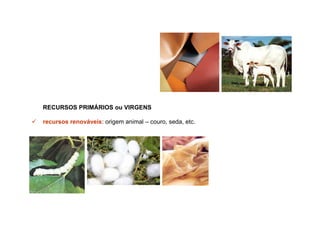 RECURSOS PRIMÁRIOS ou VIRGENS

recursos renováveis: origem animal – couro, seda, etc.
 