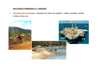 RECURSOS PRIMÁRIOS ou VIRGENS

recursos não renováveis: extraídos do solo e do subsolo – metais, petróleo, carvão
mineral, sílica, etc.
 