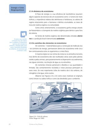 24 Catarina da Silva Pedrozo
Energia e Ciclos
Biogeoquímicos
2.5 A dinâmica do ecossistema
O fluxo de energia e a sua eficiência de transferência resumem
alguns aspectos da estrutura de um ecossistema como: o número de níveis
tróficos; a importância relativa dos detritívoros e herbívoros; os valores de
regime estacionário para a biomassa e detritos acumulados; as taxas de
troca de matéria orgânica na comunidade.
Como vimos anteriormente, o ecossistema ganha energia através
da fotossíntese e o transporte da matéria orgânica para dentro e para fora
do sistema.
As fontes de matéria orgânica são denominadas entradas alócto-
nes e a produção local é denominada autóctone.
2.6 Os caminhos dos elementos no ecossistema
Os nutrientes – material básico para a construção da molécula viva
– ao contrário da energia, permanecem dentro do ecossistema onde circu-
lam continuamente entre os organismos e o meio físico.
A maioria origina-se nas rochas da crosta ou na atmosfera terrestre,
mas dentro do ecossistema eles são reutilizados várias vezes pelas plantas
verdes e pelos animais, para posteriormente se dispersarem nos sedimentos,
nas águas correntes, nos lençóis de água ou na atmosfera.
Os nutrientes minerais pertencem à Biosfera e sua quantidade é
limitada. São constantemente reciclados e nesse processo participam os
seres vivos. Os mais importantes ciclos da matéria são o do carbono, do
nitrogênio e da água, entre outros.
Observe nas Figuras 2.4 a 2.6 como esses materiais se originam,
como entram na cadeia trófica e como são devolvidos para o ambiente.
Figura 2.4 – Ciclo do carbono
Fonte: Braga et al. 2002.
Os seres vivos mantêm
constante troca de matéria
com o ambiente. Os elementos
químicos são retirados do
ambiente, utilizados pelos seres
vivos e novamente devolvidos
ao ambiente, em processos que
constituem ciclos.
 
