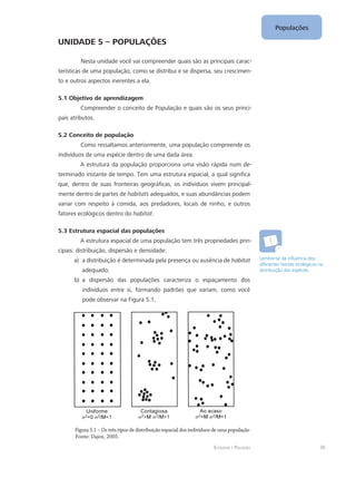 Populações
35Ecologia e Poluição
Unidade 5 – POPULAÇÕES
Nesta unidade você vai compreender quais são as principais carac-
terísticas de uma população, como se distribui e se dispersa, seu crescimen-
to e outros aspectos inerentes a ela.
5.1 Objetivo de aprendizagem
Compreender o conceito de População e quais são os seus princi-
pais atributos.
5.2 Conceito de população
Como ressaltamos anteriormente, uma população compreende os
indivíduos de uma espécie dentro de uma dada área.
A estrutura da população proporciona uma visão rápida num de-
terminado instante de tempo. Tem uma estrutura espacial, a qual significa
que, dentro de suas fronteiras geográficas, os indivíduos vivem principal-
mente dentro de partes de habitats adequados, e suas abundâncias podem
variar com respeito à comida, aos predadores, locais de ninho, e outros
fatores ecológicos dentro do habitat.
5.3 Estrutura espacial das populações
A estrutura espacial de uma população tem três propriedades prin-
cipais: distribuição, dispersão e densidade:
a distribuição é determinada pela presença ou ausência dea)	 habitat
adequado;
a dispersão das populações caracteriza o espaçamento dosb)	
indivíduos entre si, formando padrões que variam, como você
pode observar na Figura 5.1.
Figura 5.1 – Os três tipos de distribuição espacial dos indivíduos de uma população
Fonte: Dajoz, 2005.
Lembre-se da influência dos
diferentes fatores ecológicos na
distribuição das espécies.
 