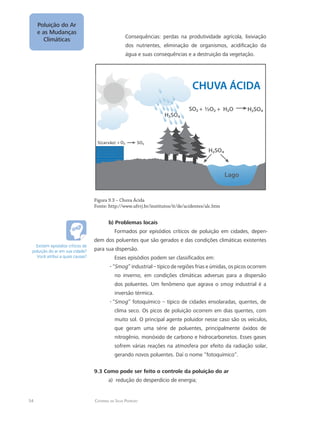 54 Catarina da Silva Pedrozo
Poluição do Ar
e as Mudanças
Climáticas
Consequências: perdas na produtividade agrícola, lixiviação
dos nutrientes, eliminação de organismos, acidificação da
água e suas consequências e a destruição da vegetação.
CHUVA ÁCIDA
H2SO4
H2SO4
H2SO4SO2 H2O½O2+ +
SO2O2+S(carvão)
Lago
Figura 9.3 – Chuva Ácida
Fonte: http://www.ufrrj.br/institutos/it/de/acidentes/alc.htm
b) Problemas locais
Formados por episódios críticos de poluição em cidades, depen-
dem dos poluentes que são gerados e das condições climáticas existentes
para sua dispersão.
Esses episódios podem ser classificados em:
“-- Smog” industrial – típico de regiões frias e úmidas, os picos ocorrem
no inverno, em condições climáticas adversas para a dispersão
dos poluentes. Um fenômeno que agrava o smog industrial é a
inversão térmica.
“-- Smog” fotoquímico – típico de cidades ensolaradas, quentes, de
clima seco. Os picos de poluição ocorrem em dias quentes, com
muito sol. O principal agente poluidor nesse caso são os veículos,
que geram uma série de poluentes, principalmente óxidos de
nitrogênio, monóxido de carbono e hidrocarbonetos. Esses gases
sofrem várias reações na atmosfera por efeito da radiação solar,
gerando novos poluentes. Daí o nome “fotoquímico”.
9.3 Como pode ser feito o controle da poluição do ar
redução do desperdício de energia;a)	
Existem episódios críticos de
poluição do ar em sua cidade?
Você atribui a quais causas?
 