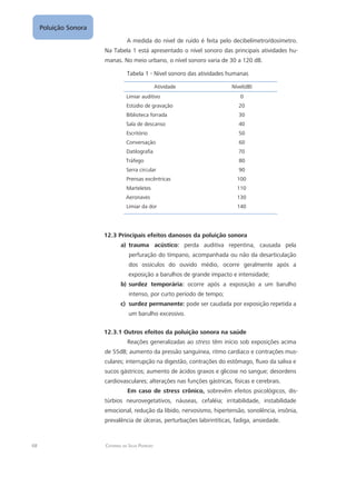 68 Catarina da Silva Pedrozo
Poluição Sonora
A medida do nível de ruído é feita pelo decibelímetro/dosímetro.
Na Tabela 1 está apresentado o nível sonoro das principais atividades hu-
manas. No meio urbano, o nível sonoro varia de 30 a 120 dB.
Tabela 1 - Nível sonoro das atividades humanas
Atividade Nível(dB)
Limiar auditivo 0
Estúdio de gravação 20
Biblioteca forrada 30
Sala de descanso 40
Escritório 50
Conversação 60
Datilografia 70
Tráfego 80
Serra circular	 90
Prensas excêntricas 100
Marteletes 110
Aeronaves 130
Limiar da dor 140
12.3 Principais efeitos danosos da poluição sonora
trauma acústico:a)	 perda auditiva repentina, causada pela
perfuração do tímpano, acompanhada ou não da desarticulação
dos ossículos do ouvido médio, ocorre geralmente após a
exposição a barulhos de grande impacto e intensidade;
surdez temporária:b)	 ocorre após a exposição a um barulho
intenso, por curto período de tempo;
surdez permanente:c)	 pode ser caudada por exposição repetida a
um barulho excessivo.
12.3.1 Outros efeitos da poluição sonora na saúde
Reações generalizadas ao stress têm início sob exposições acima
de 55dB; aumento da pressão sanguínea, ritmo cardíaco e contrações mus-
culares; interrupção na digestão, contrações do estômago, fluxo da saliva e
sucos gástricos; aumento de ácidos graxos e glicose no sangue; desordens
cardiovasculares; alterações nas funções gástricas, físicas e cerebrais.
Em caso de stress crônico, sobrevêm efeitos psicológicos, dis-
túrbios neurovegetativos, náuseas, cefaléia; irritabilidade, instabilidade
emocional, redução da libido, nervosismo, hipertensão, sonolência, insônia,
prevalência de úlceras, perturbações labirintíticas, fadiga, ansiedade.
 