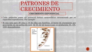 PATRONES DE
CRECIMIENTO
 Cada población posee un potencial biótico característico determinado por su
capacidad reproductiva. Por ejemplo:
 Si una rata pare 20 crías y 10 de ellas son hembras, el factor de crecimiento por
generación en esa población será de 10, de tal manera que se producirán 10, 100,
1000 descendientes.
CRECIMIENTO EXPONENCIAL
 