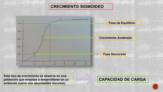 CRECIMIENTO SIGMOIDEO
Fase Demorada
Crecimiento Acelerado
Fase de Equilibrio
Este tipo de crecimiento se observa en una
población que empieza a desarrollarse en un
ambiente nuevo con abundantes recursos.
CAPACIDAD DE CARGA
 