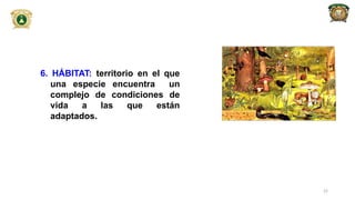 6. HÁBITAT: territorio en el que
una especie encuentra un
complejo de condiciones de
vida a las que están
adaptados.
22
 