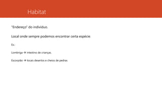 Habitat
“Endereço” do indivíduo.
Local onde sempre podemos encontrar certa espécie.
Ex.:
Lombriga  intestino de crianças.
Escorpião  locais desertos e cheios de pedras
 
