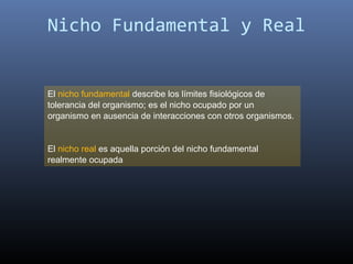 Nicho Fundamental y Real


El nicho fundamental describe los límites fisiológicos de
tolerancia del organismo; es el nicho ocupado por un
organismo en ausencia de interacciones con otros organismos.


El nicho real es aquella porción del nicho fundamental
realmente ocupada
 