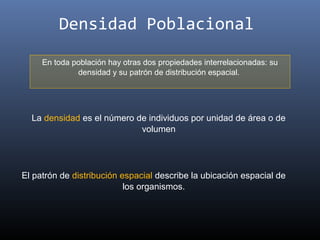 Densidad Poblacional

     En toda población hay otras dos propiedades interrelacionadas: su
              densidad y su patrón de distribución espacial.




  La densidad es el número de individuos por unidad de área o de
                            volumen




El patrón de distribución espacial describe la ubicación espacial de
                           los organismos.
 