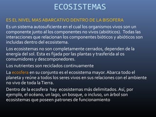 ECOSISTEMAS
ES EL NIVEL MAS ABARCATIVO DENTRO DE LA BISOFERA
Es un sistema autosuficiente en el cual los organismos vivos son un
componente junto al los componentes no vivos (abióticos). Todas las
interacciones que relacionan los componentes bióticos y abióticos son
incluidas dentro del ecosistema.
Los ecosistemas no son completamente cerrados, dependen de la
energía del sol. Esta es fijada por las plantas y trasferida al os
consumidores y descomponedores.
Los nutrientes son reciclados continuamente
La ecosfera en su conjunto es el ecosistema mayor. Abarca todo el
planeta y reúne a todos los seres vivos en sus relaciones con el ambiente
no vivo de toda la Tierra.
Dentro de la ecosfera hay ecosistemas más delimitados. Así, por
ejemplo, el océano, un lago, un bosque, o incluso, un árbol son
ecosistemas que poseen patrones de funcionamiento
 