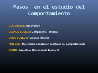 Pasos         en el estudio del
               Comportamiento

QUE SUCEDE: descripción

CUANDO SUCEDE: Componente Temporal

COMO SUCEDE: Patrones motores

POR QUE : Motivación, adaptación ecológica del comportamiento

DONDE: Aspecto o Componente Temporal
 