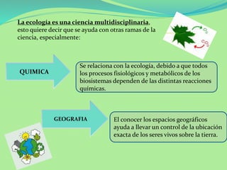 La ecología es una ciencia multidisciplinaria, 
esto quiere decir que se ayuda con otras ramas de la 
ciencia, especialmente: 
Se relaciona con la ecología, debido a que todos 
los procesos fisiológicos y metabólicos de los 
biosistemas dependen de las distintas reacciones 
químicas. 
QUIMICA 
GEOGRAFIA El conocer los espacios geográficos 
ayuda a llevar un control de la ubicación 
exacta de los seres vivos sobre la tierra. 
 