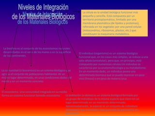 La célula es la unidad biológica funcional más
pequeña y sencilla. Está compuesta por un
territorio protoplasmático, limitado por una
membrana plasmática (de lípidos y proteínas),
reforzada en los vegetales por una pared celular.
(mitocondrios, ribosomas, plastos, etc.) que
constituyen la maquinaria metabólica.
El individuo (organismo) es un sistema biológico
funcional que, en los casos más simples, se reduce a una
sola célula (unicelular), pero que, en principio, está
compuesto por numerosas células.Un individuo se
caracteriza por su anatomofisiología y su metabolismo.
En un momento dado, un individuo posee una
determinada biomasa que se puede expresar en peso
vivo (fresco) o en peso de materia seca
La población (o demo) es un sistema biológico formado por
un grupo de individuos de la misma especie que viven en un
lugar determinado en un momento determinado.
Aproximadamente, la especie es un conjunto de individuos
semejantes que transmiten este parecido de generación en
generación
La comunidad (o biocenosis) es un sistema biológico que
agrupa el conjunto de poblaciones habitantes de un
mismo lugar determinado, en unas condiciones dadas del
medio y en un momento concreto.
La biosfera es el conjunto de los ecosistemas naturales
desarrollados en el seno de los mares o en la superficie
de los continentes.
El ecosistema. Una comunidad integrada en su medio
forma un sistema funcional llamado ecosistema.
 