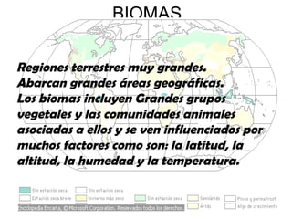 BIOMAS
Regiones terrestres muy grandes.
Abarcan grandes áreas geográficas.
Los biomas incluyen Grandes grupos
vegetales y las comunidades animales
asociadas a ellos y se ven influenciados por
muchos factores como son: la latitud, la
altitud, la humedad y la temperatura.
 