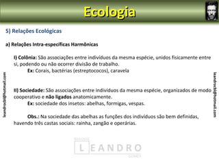 Ecologia
                5) Relações Ecológicas

                a) Relações Intra-específicas Harmônicas

                         I) Colônia: São associações entre indivíduos da mesma espécie, unidos fisicamente entre
                         si, podendo ou não ocorrer divisão de trabalho.
                                Ex: Corais, bactérias (estreptococos), caravela
leandrocbl@hotmail.com




                                                                                                                   leandrocbl@hotmail.com
                         II) Sociedade: São associações entre indivíduos da mesma espécie, organizados de modo
                         cooperativo e não ligados anatomicamente.
                                Ex: sociedade dos insetos: abelhas, formigas, vespas.

                              Obs.: Na sociedade das abelhas as funções dos indivíduos são bem definidas,
                         havendo três castas sociais: rainha, zangão e operárias.
 
