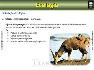 Ecologia
                5) Relações Ecológicas

                a) Relações Interespecíficas Harmônicas

                         II) Protocooperação: É a associação entre indivíduos de espécies diferentes em que
                         ambos se beneficiam, mas a existência não é obrigatória.
                         Ex:
leandrocbl@hotmail.com




                                                                                                              leandrocbl@hotmail.com
                           o Paguro e anêmonas do mar
                           o Cervo e pássaro anu
                           o Pássaro palito e jacaré
                           o Insetos polinizadores e angiospermas
 