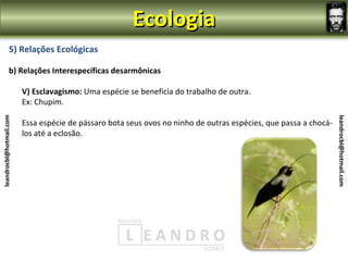 Ecologia
                5) Relações Ecológicas

                b) Relações Interespecíficas desarmônicas

                         V) Esclavagismo: Uma espécie se beneficia do trabalho de outra.
                         Ex: Chupim.
leandrocbl@hotmail.com




                                                                                                                  leandrocbl@hotmail.com
                         Essa espécie de pássaro bota seus ovos no ninho de outras espécies, que passa a chocá-
                         los até a eclosão.
 