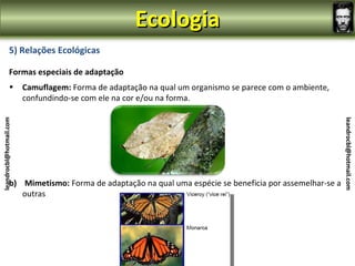 Ecologia
                5) Relações Ecológicas

                Formas especiais de adaptação
                •        Camuflagem: Forma de adaptação na qual um organismo se parece com o ambiente,
                         confundindo-se com ele na cor e/ou na forma.
leandrocbl@hotmail.com




                                                                                                         leandrocbl@hotmail.com
                b) Mimetismo: Forma de adaptação na qual uma espécie se beneficia por assemelhar-se a
                   outras
 