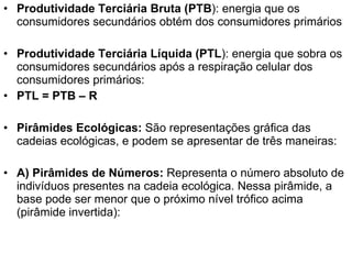 Produtividade Terciária Bruta (PTB ): energia que os consumidores secundários obtém dos consumidores primários Produtividade Terciária Líquida (PTL ): energia que sobra os consumidores secundários após a respiração celular dos consumidores primários: PTL = PTB – R Pirâmides Ecológicas:  São representações gráfica das cadeias ecológicas, e podem se apresentar de três maneiras: A) Pirâmides de Números:  Representa o número absoluto de indivíduos presentes na cadeia ecológica. Nessa pirâmide, a base pode ser menor que o próximo nível trófico acima (pirâmide invertida): 