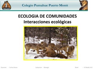 ECOLOGIA DE COMUNIDADES
Interacciones ecológicas
Docente : Carlos Bravo Subsector : Biología Nivel : IV Medio A-B
 