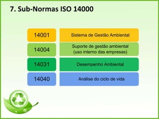 7. Sub-Normas ISO 14000
Sistema de Gestão Ambiental14001
Suporte de gestão ambiental
(uso interno das empresas)14004
Desempenho Ambiental14031
Análise do ciclo de vida14040
 