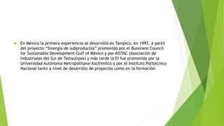  En México la primera experiencia se desarrolló en Tampico, en 1997, a partir
del proyecto “Sinergia de subproductos” promovido por el Bussiness Council
for Sustainable Development-Gulf of México y por AISTAC (Asociación de
Industriales del Sur de Tamaulipas) y más tarde la EI fue promovida por la
Universidad Autónoma Metropolitana-Xochimilco y por el Instituto Politécnico
Nacional tanto a nivel de desarrollo de proyectos como en la formación.
 