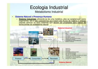 Ecologia Industrial
Metabolismo Industrial
•

Sistema Natural x Presença Humana
– Sistema industriais utilizando-se de uma metáfora, eles se caracterizam como
organismos, isto é são subsistemas que tratam dos fluxos de matéria e energia
visando otimizar os seus sistemas que devem ser projetados para operar de
forma similar ao subsistema natural.
Sistema Industrial
descarte

1.
2.
3.
4.
5.
6.
7.
8.
9.
10.

Produtos

Matéria / Energia

descarte

Resíduos, efluentes,...

Reservas naturais
Plantas

Produtor

1.
2.
3.
4.
5.
6.
7.
8.
9.
10.

Organismo
Reprodução
População
Proximidade produtor/reciclador
Ciclo fechado de matéria
Alto índice de reciclagem
Regulado pela quantidade de reservas de material
Concentração e reúso de resíduos
Competição por recursos disponíveis
Interage com o ambiente

Matéria
Animal

matéria

Empresa
Produção
Parque industrial ou aglomerado
Distância variável entre produtor e reciclador
Ciclo aberto
Reciclagem incipiente
Regulado pela demanda de produto
Dissipação de resíduos
Competição por recursos disponíveis
Modifica o ambiente

Consumidor

Microorganismos
(Algas e Fungos)

Reciclador
nutrientes

Sistema Natural

 