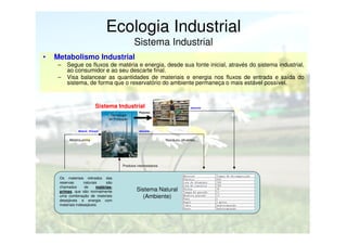 Ecologia Industrial
Sistema Industrial
•

Metabolismo Industrial
–
–

Segue os fluxos de matéria e energia, desde sua fonte inicial, através do sistema industrial,
ao consumidor e ao seu descarte final.
Visa balancear as quantidades de materiais e energia nos fluxos de entrada e saída do
sistema, de forma que o reservatório do ambiente permaneça o mais estável possível.

Sistema Industrial
Tecnologia
de Produção

Matéria / Energia

descarte

Produtos

descarte

Matéria-prima

Resíduos, efluentes,...

Produtos intermediários

Os materiais retirados das
reservas
naturais
são
chamados
de
matériasprimas, que são normalmente
uma combinação de materiais
desejáveis e energia com
materiais indesejáveis

Sistema Natural
(Ambiente)

 