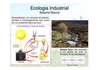 Ecologia Industrial
Sistema Natural
Ecossistema: um conjunto de plantas,
animais e microorganismos que vivem
em um ambiente físico-químico.
O Ciclo Biológico

Sistema Natural

Sistema Fechado

O Sol fornece
a energia para
a fotossíntese

Planeta Terra: vêm evoluindo
a 4,6 bilhões de anos na
formação do seu ecossistema.

Produção do CO2
necessário para a
fotossíntese

Plantas
mortas

microorganismos

nutrientes

Sistema Fechado

 
