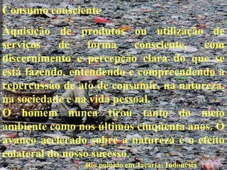 Consumo consciente
Aquisição de produtos ou utilização de
serviços de forma consciente, com
discernimento e percepção clara do que se
está fazendo, entendendo e compreendendo a
repercussão de ato de consumir, na natureza,
na sociedade e na vida pessoal.
O homem nunca tirou tanto do meio
ambiente como nos últimos cinqüenta anos. O
avanço acelerado sobre a natureza é o efeito
colateral do nosso sucesso.
Rio poluído em Jacarta: Indonésia
 