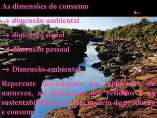As dimensões do consumo
→ dimensão ambiental
→ dimensão social
→ dimensão pessoal
→ Dimensão ambiental
Repercute diretamente na exploração da
natureza, na destinação dos resíduos e na
sustentabilidade do atual modelo de produção
e consumo.
Rio
Araguaia
 