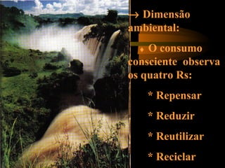 → Dimensão
ambiental:
♦ O consumo
consciente observa
os quatro Rs:
* Repensar
* Reduzir
* Reutilizar
* Reciclar
 