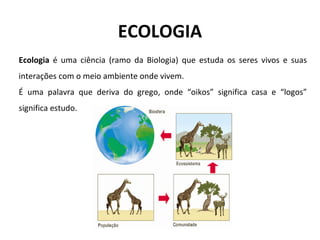 ECOLOGIA
Ecologia é uma ciência (ramo da Biologia) que estuda os seres vivos e suas
interações com o meio ambiente onde vivem.
É uma palavra que deriva do grego, onde “oikos” significa casa e “logos”
significa estudo.