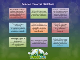 PSICOLOGÍA: estudiar la
conducta observable de los
individuos y sus procesos
mentales , incluyendo los
procesos internos y
externos del individuo.
ECOLOGÍA: ciencia que
estudia a los seres vivos, su
interacción y relación con
el medio en el que habitan.
Psicología Ambiental: Área
cuyo foco de investigación
es la interrelación del
ambiente físico con la
conducta humana y las
experiencias humanas.
Psicología ecológica:
estudio del
comportamiento humano
en relación con el medio
ambiente ordenado y
definido por el hombre
Física: Se relaciona por
todos los procesos bióticos
tienen que ver con la
transferencia de energía,
desde los productores
hasta bacterias.
Química: Se usa porque
todos los procesos
metabólicos y fisiológicos
de los biosistemas
dependen de reacciones
químicas.
Matemáticas: cálculo, la
estadística, las
proyecciones y
extrapolaciones cuando se
trata con información
específica
Ética: promueve los valores
contenidos en el
ambientalismo científico.
Geología: Relacionada ya
que la estructura de los
biomas depende de la
estructura geológica del
ambiente.
Relación con otras disciplinas
 