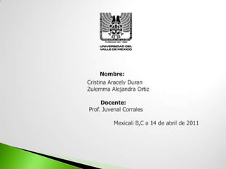 Nombre:Cristina Aracely DuranZulemma Alejandra OrtizDocente:Prof. Juvenal Corrales                                                         Mexicali B,C a 14 de abril de 2011 