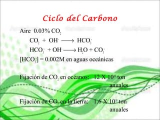 Ciclo del Carbono
Aire 0.03% CO2
CO2
+ OH-
→ HCO3
-
HCO3
-
+ OH-
→ H2
O + CO3
-
[HCO3
-
] = 0.002M en aguas oceánicas
Fijación de CO2
en océanos: 12 X 1010
ton
anuales
Fijación de CO2
en la tierra: 1.6 X 1010
ton
anuales
 