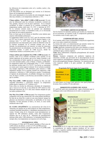 Blgo. JGTS - 1° edición
las diferencias de temperatura entre sol y sombra, noche y día,
mañana y tarde.
LAS HELADAS son un fenómeno que consiste en el descenso
brusco de la temperatura atmosférica.
Ello ocurre típicamente en las noches de cielo despejado, luego de
días muy soleados y con temperaturas inferiores a 0°C.
Climas andinos “piso cálido” (1.000 a 2.000 m.s.n.m.): En este
piso las diferencias entre las vertientes occidental y oriental son
muy grandes, mayores a las de pisos superiores. En la vertiente
occidental, la aridez es general En la vertiente occidental, las
temperaturas medias están entre 17y 19°C, y máximas de 32°C.
En la vertiente oriental existe un periodo con abundantes
precipitaciones en verano. La humedad es alta y se ve favorecida
por masas de aire tropical amazónica.
Este es el piso que en la Colonia se identificó como óptimo para
mejorar enfermedades pulmonares.
La temperatura media es de 10 a 16°C, pero las máximas oscilan
en 29°C por la mayor exposición al Sol de algunos lugares, y las
mínimas entre 7 y 4,4°C bajo cero, de junio a agosto. Las
precipitaciones son estacionales pero varían en diferentes zonas de
la vertiente occidental. En la vertiente oriental, que es más
húmeda, las precipitaciones son mayores, en todas las estaciones
las precipitaciones son abundantes, con lluvias entre 700 y 1.200
milímetros anuales. A partir de 3.000 m.s.n.m., donde las
temperaturas medias se encuentran entre 11 y 12°C.
Climas andinos piso templado frío (3.500 a 4.000 m.s.n.m.): Se
localiza, tanto en la vertiente occidental como oriental, en los
límites superiores de las punas, que en los Andes Centrales y del
Sur corresponden al límite superior de cuencas de ríos que nacen
en la alta montaña andina, como el Rímac, el Santa y el Marañón.
Su temperatura media está comprendida entre 7 y 10°C, mientras
las máximas oscilan entre 19 y 22,5°C. Las lluvias se concentran
en verano, pero varían según la vertiente. En la vertiente occidental
son siempre superiores a 600 milímetros, pero menores a 1.000
milímetros anuales; En la vertiente oriental son superiores a 400
milímetros e inferiores a 1.000 milímetros anuales. Considerando
el régimen de precipitaciones, el poblador distingue una estación
seca, de mayo a octubre, y otra lluviosa, de noviembre a marzo, en
que se siembra
Piso Frio (4.000 - 5.000 m.s.n.m.): El clima es frío, con alta
sequedad atmosférica y variaciones térmicas. La temperatura
media anual es superior a 3°C e inferior a 6°C.
Estas cifras no revelan las diferencias abismales de temperatura
que a veces en un solo día. A una altitud de 4.887 metros se han
observado descensos de 11°C solo cinco minutos después de que
las nubes ocultaran al Sol.
Piso Muy Frio (5.000 - 6.768 m.s.n.m.): Sus temperaturas pueden
compararse con las que caracterizan a las zonas polares periféricas.
Se trata de un clima frío o polar en una zona tropical, aunque los
glaciares son fenómenos extrazonales, no tipificados en las zonas
tropicales. Si bien persisten el hielo y la nieve, la zona recibe
insolación todo el año.
EL CLIMA AMAZÓNICO: Las características del clima de la
Amazonía son propias de un clima tropical con altas temperaturas,
constante humedad atmosférica y abundantes precipitaciones en el
verano. Existen zonas de la Amazonía cuyas precipitaciones no
superan los 500 milímetros anuales, como Jaén (Cajamarca),
mientras que en el resto de la Amazonía las precipitaciones
mínimas están sobre 1.000 milímetros. La humedad atmosférica es
siempre alta y las temperaturas son mayores en la selva baja.
FENÓMENO EL NIÑO
El Fenómeno El Niño del 97/98 generó pérdidas al Perú cerca de
3,500 millones de dólares, es decir, el 4.5% del PBI nacional.
El megaproyecto Camisea, que aporta cada año el 1% al PBI, tarda
casi 4 años en generar este capital.
FACTORES ABIÓTICOS QUÍMICOS
Son los factores de naturaleza química que inciden en el desarrollo
de un ecosistema, así tenemos el pH, la composición química de
los sustratos como el suelo, agua y aire.
COMPOSICIÓN DEL SUELO
Es el sustrato sobre el que se desarrollan la mayoría de organismos
que viven sobre o dentro de la litósfera.
La textura del suelo es la determinación que permite valorar los
diversos componentes del suelo (arena, limo y arcilla).
Arcilla: partículas constitutivas del suelo cuyo diámetro es menor
de los 0.002 mm. Sistema coloidal del suelo que retiene la mayor
cantidad de agua y materia orgánica.
Limo: Roca sedimentaria compuesta principalmente del mineral
calcita (CaCO3)
Humus: Sustancia compuesta por productos orgánicos de
naturaleza coloidal, que provienen de la descomposición de los
restos orgánicos, principalmente vegetales, resultantes de la acción
de los microorganismos (hongos y bacterias). Se caracteriza por su
color negruzco, debido a la gran cantidad de carbono que
contiene.
Propiedades Del Suelo Según Su Composición
Un suelo franco, es el mejor suelo agrícola, tiene igual proporción
de arena, limo y arcilla (33% de cada uno).
HORIZONTES O PERFIL DEL SUELO
El perfil del suelo está construido por capas u horizontes que se
distinguen entre sí por diferencias en el color y la apariencia.
El Horizonte A: Es la capa más externa, de color negro debido a
la acumulación de materia orgánica producto de los restos
animales y vegetales, también contiene material inorgánico (arena,
arcilla y sales minerales).
Fenómeno
El Niño del
97/98
 