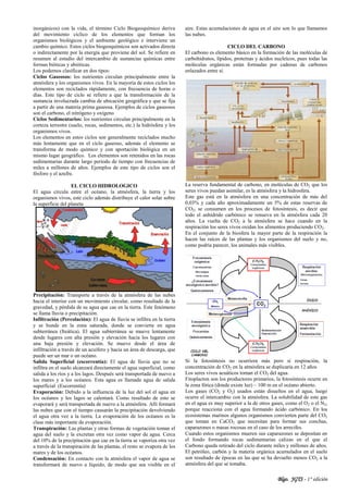 Blgo. JGTS - 1° edición
inorgánicos) con la vida, el término Ciclo Biogeoquímico deriva
del movimiento cíclico de los elementos que forman los
organismos biológicos y el ambiente geológico e interviene un
cambio químico. Estos ciclos biogeoquímicos son activados directa
o indirectamente por la energía que proviene del sol. Se refiere en
resumen al estudio del intercambio de sustancias químicas entre
formas bióticas y abióticas.
Los podemos clasificar en dos tipos:
Ciclos Gaseosos: los nutrientes circulan principalmente entre la
atmósfera y los organismos vivos. En la mayoría de estos ciclos los
elementos son reciclados rápidamente, con frecuencia de horas o
días. Este tipo de ciclo se refiere a que la transformación de la
sustancia involucrada cambia de ubicación geográfica y que se fija
a partir de una materia prima gaseosa. Ejemplos de ciclos gaseosos
son el carbono, el nitrógeno y oxígeno
Ciclos Sedimentarios: los nutrientes circulan principalmente en la
corteza terrestre (suelo, rocas, sedimentos, etc.) la hidrósfera y los
organismos vivos.
Los elementos en estos ciclos son generalmente reciclados mucho
más lentamente que en el ciclo gaseoso, además el elemento se
transforma de modo químico y con aportación biológica en un
mismo lugar geográfico. Los elementos son retenidos en las rocas
sedimentarias durante largo periodo de tiempo con frecuencias de
miles a millones de años. Ejemplos de este tipo de ciclos son el
fósforo y el azufre.
EL CICLO HIDROLOGICO
El agua circula entre el océano, la atmósfera, la tierra y los
organismos vivos, este ciclo además distribuye el calor solar sobre
la superficie del planeta
Precipitación: Transporte a través de la atmósfera de las nubes
hacia el interior con un movimiento circular, como resultado de la
gravedad, y pérdida de su agua que cae en la tierra. Este fenómeno
se llama lluvia o precipitación.
Infiltración (Percolación): El agua de lluvia se infiltra en la tierra
y se hunde en la zona saturada, donde se convierte en agua
subterránea (freática). El agua subterránea se mueve lentamente
desde lugares con alta presión y elevación hacia los lugares con
una baja presión y elevación. Se mueve desde el área de
infiltración a través de un acuífero y hacia un área de descarga, que
puede ser un mar o un océano.
Salida Superficial (escorrentía): El agua de lluvia que no se
infiltra en el suelo alcanzará directamente el agua superficial, como
salida a los ríos y a los lagos. Después será transportada de nuevo a
los mares y a los océanos. Esta agua es llamada agua de salida
superficial (Escorrentía)
Evaporación: Debido a la influencia de la luz del sol el agua en
los océanos y los lagos se calentará. Como resultado de esto se
evaporará y será transportada de nuevo a la atmósfera. Allí formará
las nubes que con el tiempo causarán la precipitación devolviendo
el agua otra vez a la tierra. La evaporación de los océanos es la
clase más importante de evaporación.
Transpiración: Las plantas y otras formas de vegetación toman el
agua del suelo y la excretan otra vez como vapor de agua. Cerca
del 10% de la precipitación que cae en la tierra se vaporiza otra vez
a través de la transpiración de las plantas, el resto se evapora de los
mares y de los océanos.
Condensación: En contacto con la atmósfera el vapor de agua se
transformará de nuevo a líquido, de modo que sea visible en el
aire. Estas acumulaciones de agua en el aire son lo que llamamos
las nubes.
CICLO DEL CARBONO
El carbono es elemento básico en la formación de las moléculas de
carbohidratos, lípidos, proteínas y ácidos nucleícos, pues todas las
moléculas orgánicas están formadas por cadenas de carbonos
enlazados entre sí.
La reserva fundamental de carbono, en moléculas de CO2 que los
seres vivos puedan asimilar, es la atmósfera y la hidrosfera.
Este gas está en la atmósfera en una concentración de más del
0,03% y cada año aproximadamente un 5% de estas reservas de
CO2, se consumen en los procesos de fotosíntesis, es decir que
todo el anhídrido carbónico se renueva en la atmósfera cada 20
años. La vuelta de CO2 a la atmósfera se hace cuando en la
respiración los seres vivos oxidan los alimentos produciendo CO2.
En el conjunto de la biosfera la mayor parte de la respiración la
hacen las raíces de las plantas y los organismos del suelo y no,
como podría parecer, los animales más visibles.
Si la fotosíntesis no ocurriera más pero si respiración, la
concentración de CO2 en la atmósfera se duplicaría en 12 años
Los seres vivos acuáticos toman el CO2 del agua.
Fitoplacton son los productores primarios, la fotosíntesis ocurre en
la zona fótica (donde existe luz) – 100 m en el océano abierto.
Los gases (CO2 y O2) usados están disueltos en el agua, luego
ocurre el intercambio con la atmósfera. La solubilidad de este gas
en el agua es muy superior a la de otros gases, como el O2 o el N2,
porque reacciona con el agua formando ácido carbónico. En los
ecosistemas marinos algunos organismos convierten parte del CO2
que toman en CaCO3 que necesitan para formar sus conchas,
caparazones o masas rocosas en el caso de los arrecifes.
Cuando estos organismos mueren sus caparazones se depositan en
el fondo formando rocas sedimentarias calizas en el que el
Carbono queda retirado del ciclo durante miles y millones de años.
El petróleo, carbón y la materia orgánica acumulados en el suelo
son resultado de épocas en las que se ha devuelto menos CO2 a la
atmósfera del que se tomaba.
 
