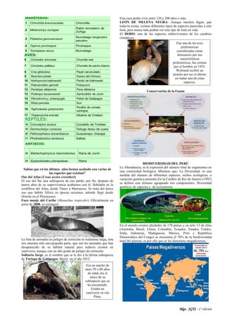 Blgo. JGTS - 1° edición
Sabías que en los últimos años hemos acabado con varias de
las especies que existían?
Oso del Atlas (Ursus arctos crowtheri)
El oso del fue una subespecie de oso pardo. por fin, después de
tantos años de su supervivencia acabamos con él. Habitaba en la
cordillera del Atlas, desde Túnez a Marruecos. Se trata del único
oso que habitó África en épocas recientes, adonde llegó desde
Oriente en el Pleistoceno.
Foca monje del Caribe (Monachus tropicalis): Oficialmente en
junio de 2008, se extinguió.
La lista de animales en peligro de extinción es realmente larga, ésta
nos muestra sólo una pequeña parte, que son los animales que han
desaparecido de su hábitat natural pero todavía existen en
cautiverio, aunque con un alto grado de peligro de extinción.
Solitario Jorge, es el nombre que se le dio a la última subespecie
de Tortuga de Galápagos. Murió en el año 2012.
Esta raza podía vivir entre 120 y 200 años o más.
LEÓN DE MELENA NEGRA: Aunque muchos digan, que
todavía existe, existen diferentes tipos de especies parecidas a este
león, pero nunca más podrás ver este tipo de león en vida.
El DODO, una de las especies sobrevivientes de los cambios
climáticos.
Conservación de la Fauna
BIODIVERSIDAD DEL PERÚ
La Abundancia, es la expresión del número total de organismos en
una comunidad biológica. Mientras que: La Diversidad: es una
medida del número de diferentes especies, nichos ecológicos, o
variación genética presente.En la Cumbre de Río de Janeiro (1992)
se definió este término agrupando tres componentes: Diversidad
genética, de especies y de ecosistemas
En el mundo existen alrededor de 170 países y en sólo 12 de ellos
(Australia, Brasil, China, Colombia, Ecuador, Estados Unidos,
India, Indonesia, Madagascar, México, Perú y República
Democrática del Congo) se encuentra el 70% de la biodiversidad
total del planeta; es por ello que se les denomina megadiversos.
Era un macho de
unos 70 u 80 años
de edad, era el
único de su
subespecie que se
ha encontrado.
Estaba en
cautiverio en isla
Pinta.
Fue una de las aves
prehistóricas
consideradas como
dinosaurio por sus
características
prehistóricas, fue extinta
por el hombre en 1953.
Wybrand recibió un
premio por ser el último
en matar una de estas
especies.
 