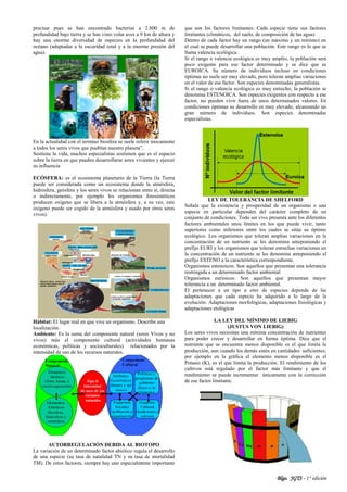 Blgo. JGTS - 1° edición
precisar pues se han encontrado bacterias a 2.800 m de
profundidad bajo tierra y se han visto volar aves a 9 km de altura y
hay una enorme diversidad de especies en la profundidad del
océano (adaptadas a la oscuridad total y a la enorme presión del
agua).
En la actualidad con el termino biosfera se suele referir únicamente
a todos los seres vivos que pueblan nuestro planeta”.
Sostiene la vida, muchos especialistas sostienen que es el espacio
sobre la tierra en que pueden desarrollarse seres vivientes y ejercer
su influencia
ECÓSFERA: es el ecosistema planetario de la Tierra (la Tierra
puede ser considerada como un ecosistema donde la atmósfera,
hidrosfera, geósfera y los seres vivos se relacionan entre sí, directa
o indirectamente, por ejemplo los organismos fotosintéticos
producen oxígeno que se libera a la atmósfera y, a su vez, este
oxígeno puede ser cogido de la atmósfera y usado por otros seres
vivos).
Hábitat: El lugar real en que vive un organismo. Describe una
localización.
Ambiente: Es la suma del componente natural (seres Vivos y no
vivos) más el componente cultural (actividades humanas
económicas, políticas y socioculturales) relacionados por la
intensidad de uso de los recursos naturales.
AUTORREGULACIÓN DEBIDA AL BIOTOPO
La variación de un determinado factor abiótico regula el desarrollo
de una especie (su tasa de natalidad TN y su tasa de mortalidad
TM). De estos factores, siempre hay uno especialmente importante
que son los factores limitantes. Cada especie tiene sus factores
limitantes (climáticos, del suelo, de composición de las agua)
Dentro de cada factor hay un rango (un máximo y un mínimo) en
el cual se puede desarrollar una población. Este rango es lo que se
llama valencia ecológica.
Si el rango o valencia ecológica es muy amplio, la población será
poco exigente para ese factor determinado y se dice que es
EUROICA. Su número de individuos incluso en condiciones
óptimas no suele ser muy elevado, pero toleran amplias variaciones
en el valor de ese factor. Son especies denominadas generalistas.
Si el rango o valencia ecológica es muy estrecho, la población se
denomina ESTENOICA. Son especies exigentes con respecto a ese
factor, no pueden vivir fuera de unos determinados valores. En
condiciones óptimas su desarrollo es muy elevado, alcanzando un
gran número de individuos. Son especies denominadas
especialistas.
LEY DE TOLERANCIA DE SHELFORD
Señala que la existencia y prosperidad de un organismo o una
especie en particular dependen del carácter completo de un
conjunto de condiciones. Todo ser vivo presenta ante los diferentes
factores ambientales unos límites en los que puede vivir, tanto
superiores como inferiores entre los cuales se sitúa su óptimo
ecológico. Los organismos que toleran amplias variaciones en la
concentración de un nutriente se les denomina anteponiendo el
prefijo EURI y los organismos que toleran estrechas variaciones en
la concentración de un nutriente se les denomina anteponiendo el
prefijo ESTENO a la característica correspondiente.
Organismos estenoicos: Son aquellos que presentan una tolerancia
restringida a un determinado factor ambiental
Organismos eurioicos: Son aquellos que presentan mayor
tolerancia a un determinado factor ambiental.
El pertenecer a un tipo u otro de especies depende de las
adaptaciones que cada especie ha adquirido a lo largo de la
evolución: Adaptaciones morfológicas, adaptaciones fisiológicas y
adaptaciones etológicas
LA LEY DEL MÍNIMO DE LIEBIG
(JUSTUS VON LIEBIG)
Los seres vivos necesitan una mínima concentración de nutrientes
para poder crecer y desarrollar en forma óptima. Dice que el
nutriente que se encuentra menos disponible es el que limita la
producción, aun cuando los demás estén en cantidades suficientes;
por ejemplo en la gráfica el elemento menos disponible es el
Potasio (K), es el que limita la producción. El rendimiento de los
cultivos está regulado por el factor más limitante y que el
rendimiento se puede incrementar únicamente con la corrección
de ese factor limitante.
 