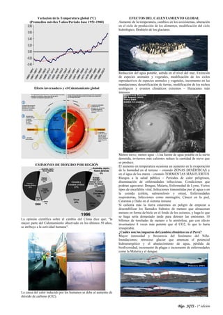 Blgo. JGTS - 1° edición
Variación de la Temperatura global (°C)
(Promedios móviles 5 años/Periodo base 1951-1980)
Efecto invernadero y el Calentamiento global
EMISIONES DE DIOXIDO POR REGIÓN
La opinión científica sobre el cambio del Clima dice que; "la
mayor parte del Calentamiento observado en los últimos 50 años,
se atribuye a la actividad humana".
La causa del calor inducido por los humanos se debe al aumento de
dióxido de carbono (C02).
EFECTOS DEL CALENTAMIENTO GLOBAL
Aumento de la temperatura, cambios en los ecosistemas, alteración
en el ciclo de producción de los alimentos, modificación del ciclo
hidrológico, Deshielo de los glaciares.
Reducción del agua potable, subida en el nivel del mar, Extinción
de especies animales y vegetales, modificación de los ciclos
reproductivos de especies animales y vegetales, incremento en las
inundaciones, desertificación de tierras, modificación de los nichos
ecológicos y eventos climáticos extremos – Huracanes más
intensos
Menos nieve; menos agua – Una fuente de agua potable es la nieve
derretida, inviernos más calientes reduce la cantidad de nieve que
se produce.
El aumento en temperatura ocasiona un aumento en la evaporación
de la humedad en el terreno – creando ZONAS DESÉRTICAS y
en el agua de los mares – creando TORMENTAS MÁS FUERTES
Riesgos a la salud pública – Períodos de calor peligrosos,
diseminación de enfermedades infecciosas. Condiciones que
podrían agravarse: Dengue, Malaria, Enfermedad de Lyme, Varios
tipos de encefalitis viral, Infecciones transmitidas por el agua o en
la comida (cólera, salmonelosis y otras), Enfermedades
respiratorias, Infecciones como meningitis, Cáncer en la piel,
Cataratas y Daño en el sistema inmune
Si calienta más la tierra estaremos en peligro de empezar a
desestabilizar los llamados hidratos de metano que almacenan
metano en forma de hielo en el fondo de los océanos, y haga lo que
se haga sería demasiado tarde para detener las emisiones 10
billones de toneladas de metano a la atmósfera, gas con efecto
invernadero 8 veces más potente que el CO2, lo que lo haría
irrespirable.
¿Cuáles son los impactos del cambio climático en el Perú?
Mayor intensidad y frecuencia del fenómeno del Niño.
Inundaciones; retroceso glaciar que amenaza el potencial
hidroenergético y el abastecimiento de agua, pérdida de
biodiversidad, incremento de plagas e incremento de enfermedades
como la Malaria y el dengue.
 